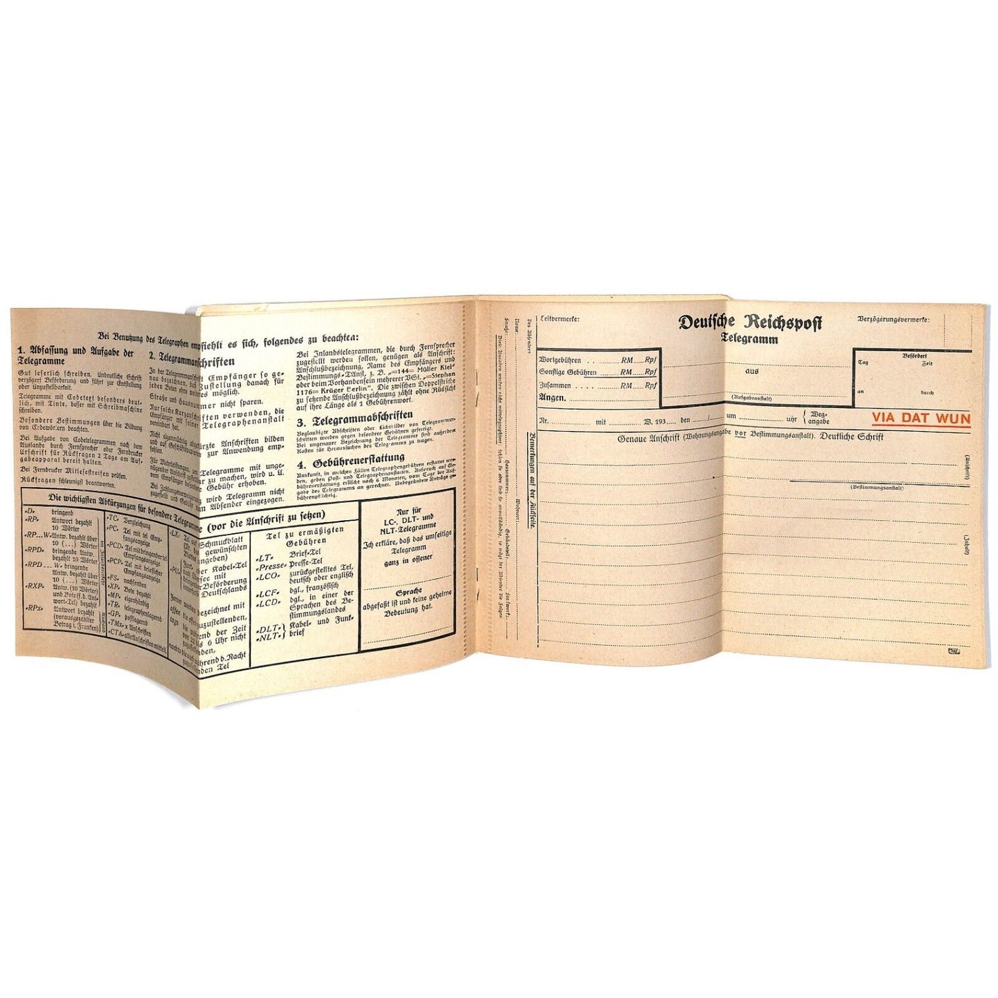 Forms for Cablegrams Western Union Germany "Via Dat Wun" c1936 w/Damage Scarce