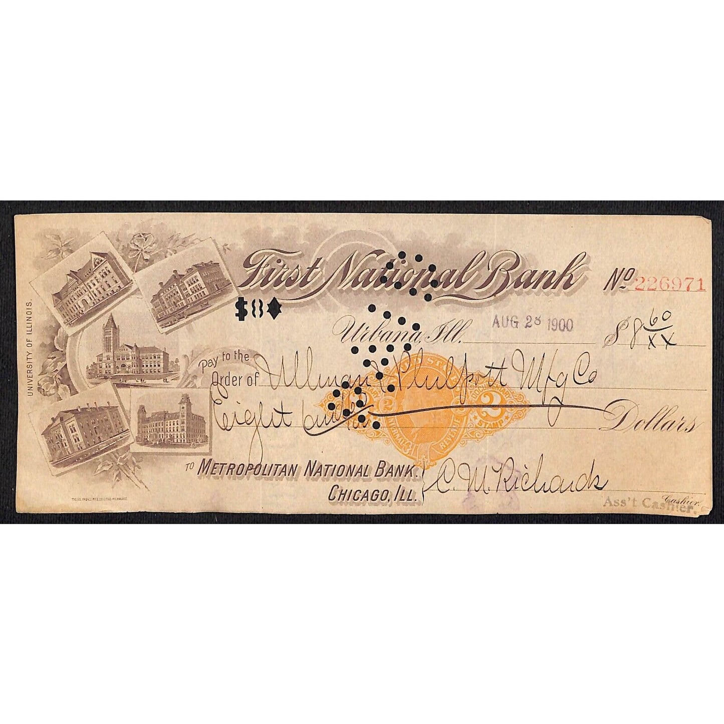 FNB Urbana, IL $8.60 1900 Bank Check Revenue Stamp w/ University Bldg. Vignettes