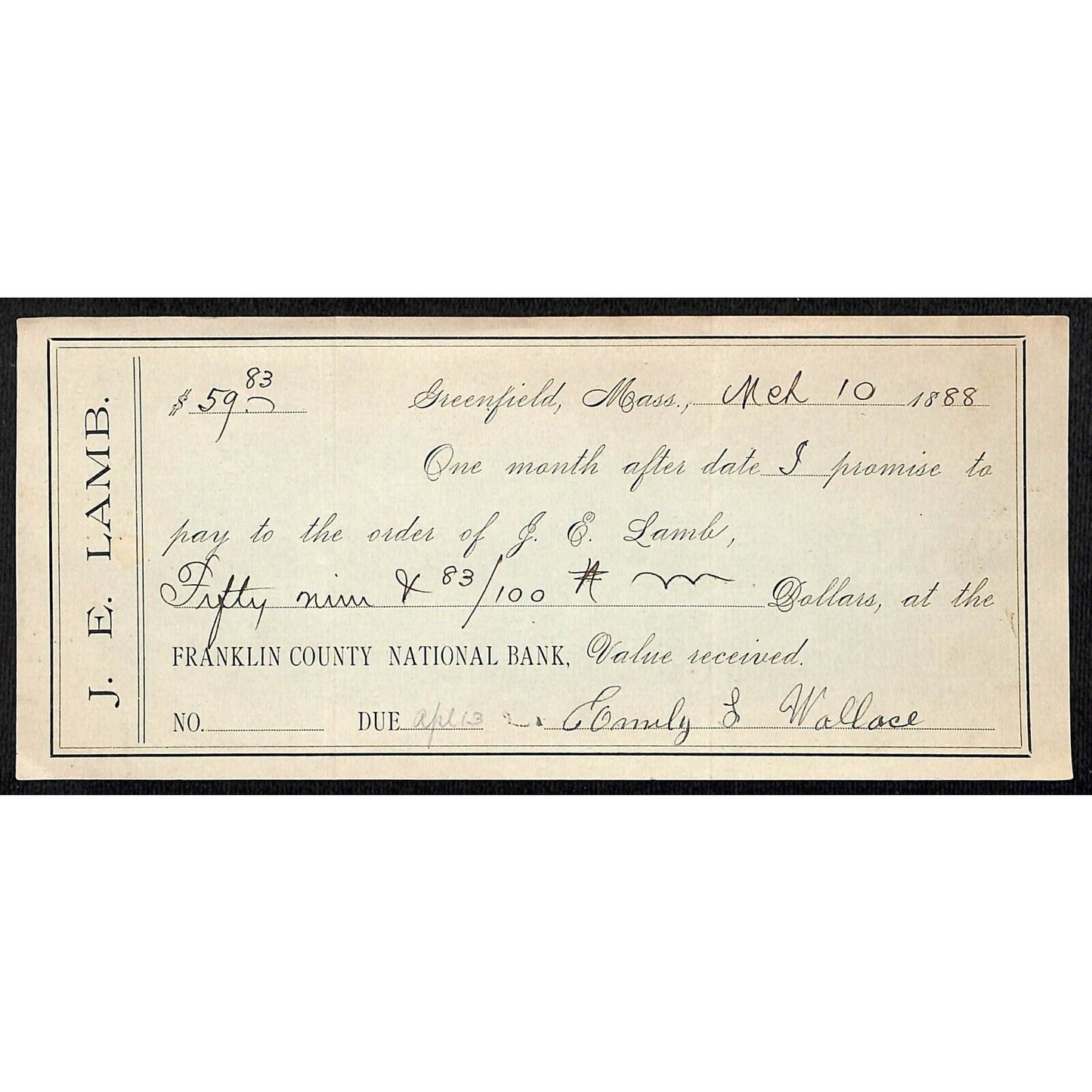 1888 Greenfield, MA J.E. Lamb / Franklin County National Bank Promissory Note