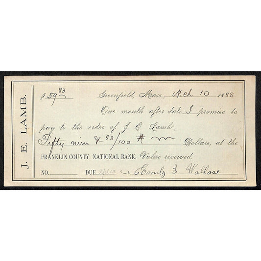 1888 Greenfield, MA J.E. Lamb / Franklin County National Bank Promissory Note