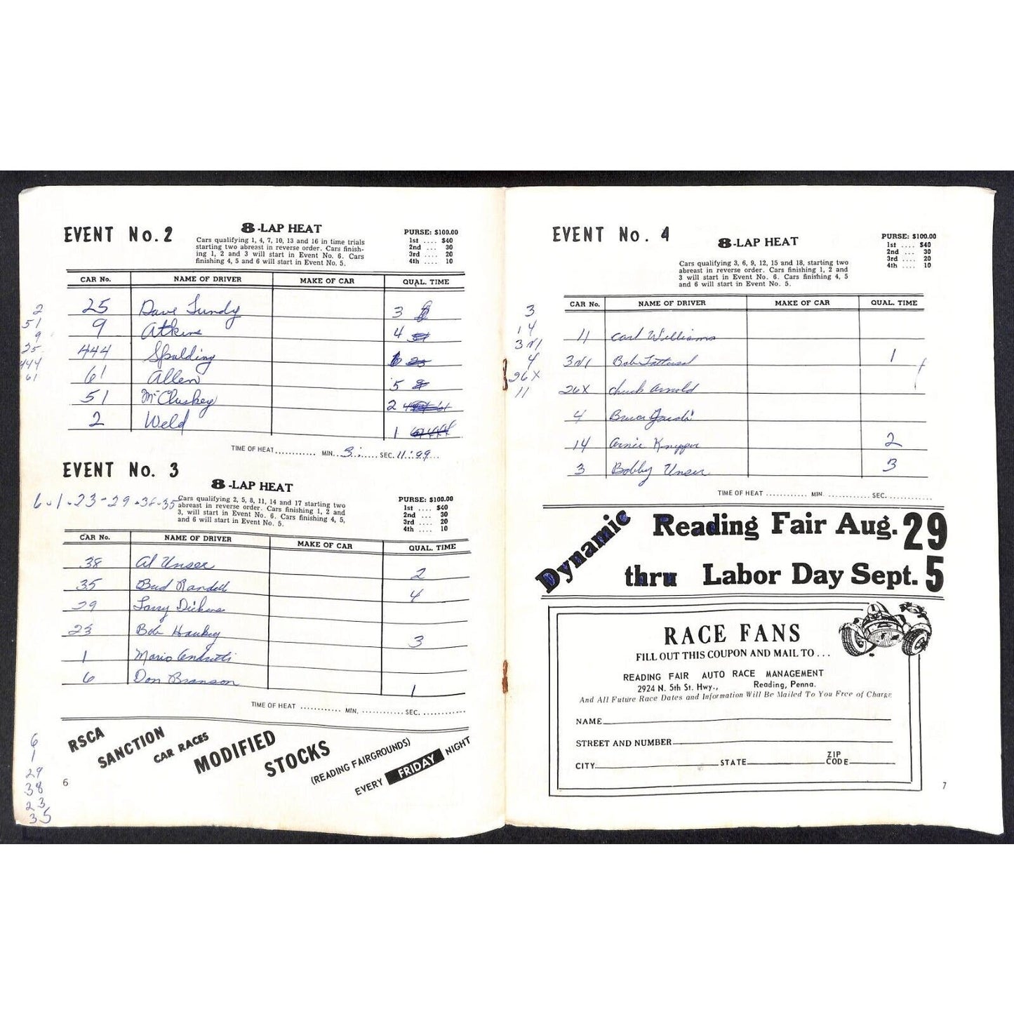 Reading Fairgrounds 1966 USAC Auto Races Program Sprint Car 8p* Scarce VGC Mario