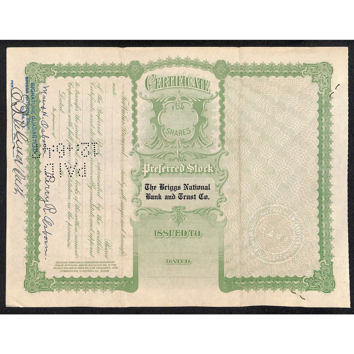 Briggs National Bank and Trust Clyde NY 1939 Stock Certificate Percy R. Osborne