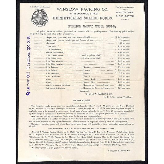 Winslow Packing Co. Portland, ME Hermetically Sealed Goods 1886 Price Sheet