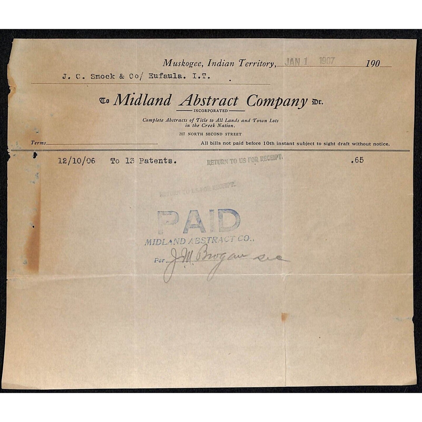 1907 Midland Abstract Co. Muskogee, OK Indian Territory Statement / Billhead