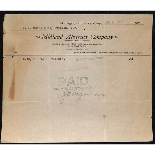 1907 Midland Abstract Co. Muskogee, OK Indian Territory Statement / Billhead