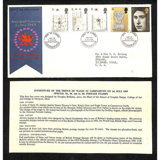 1969 First Day Cover Institute Price of Wales Awisgiad Tvwysog Cymru 1969