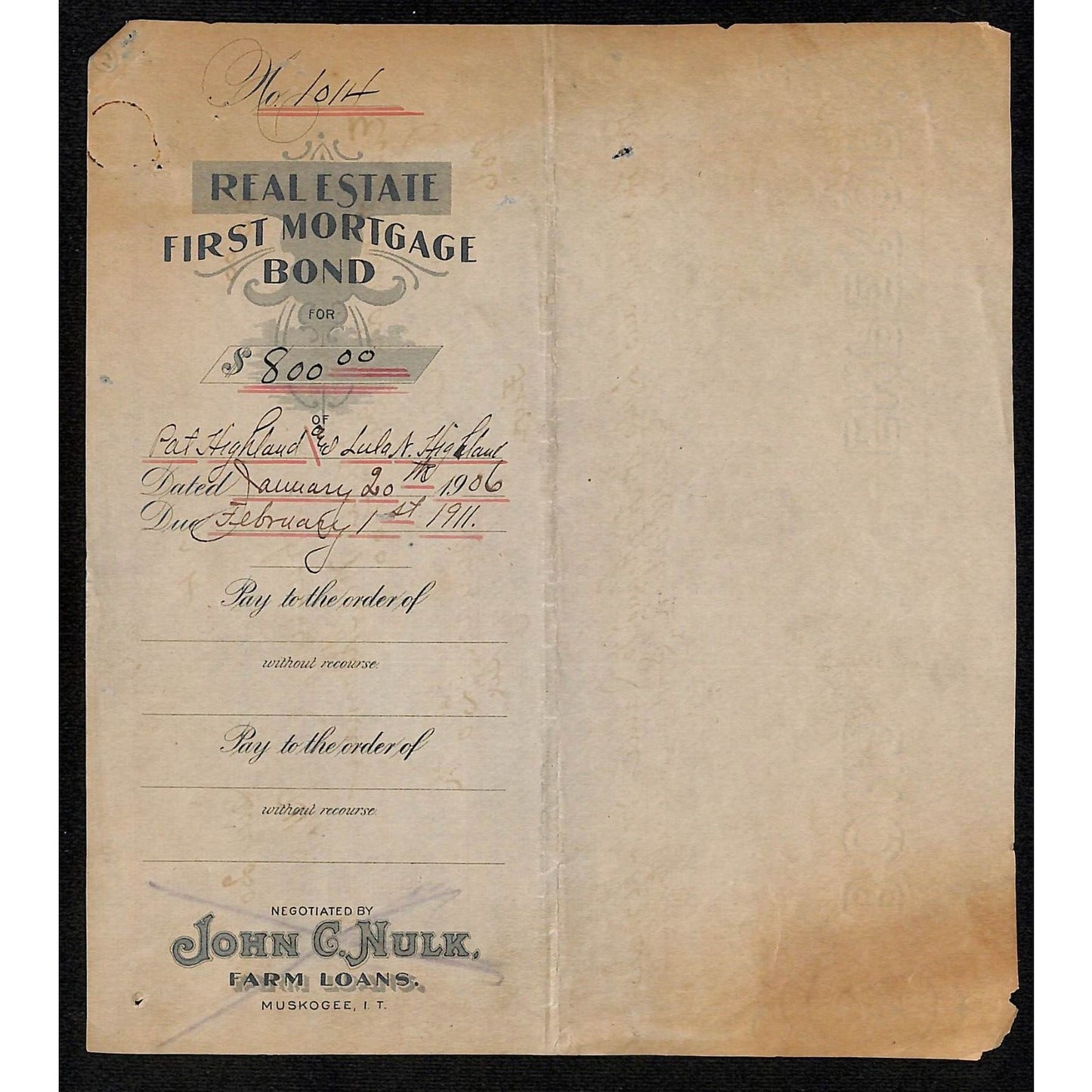 1906 Real Estate First Mortgage Pat Highland Creek Nation Indian Territory OK