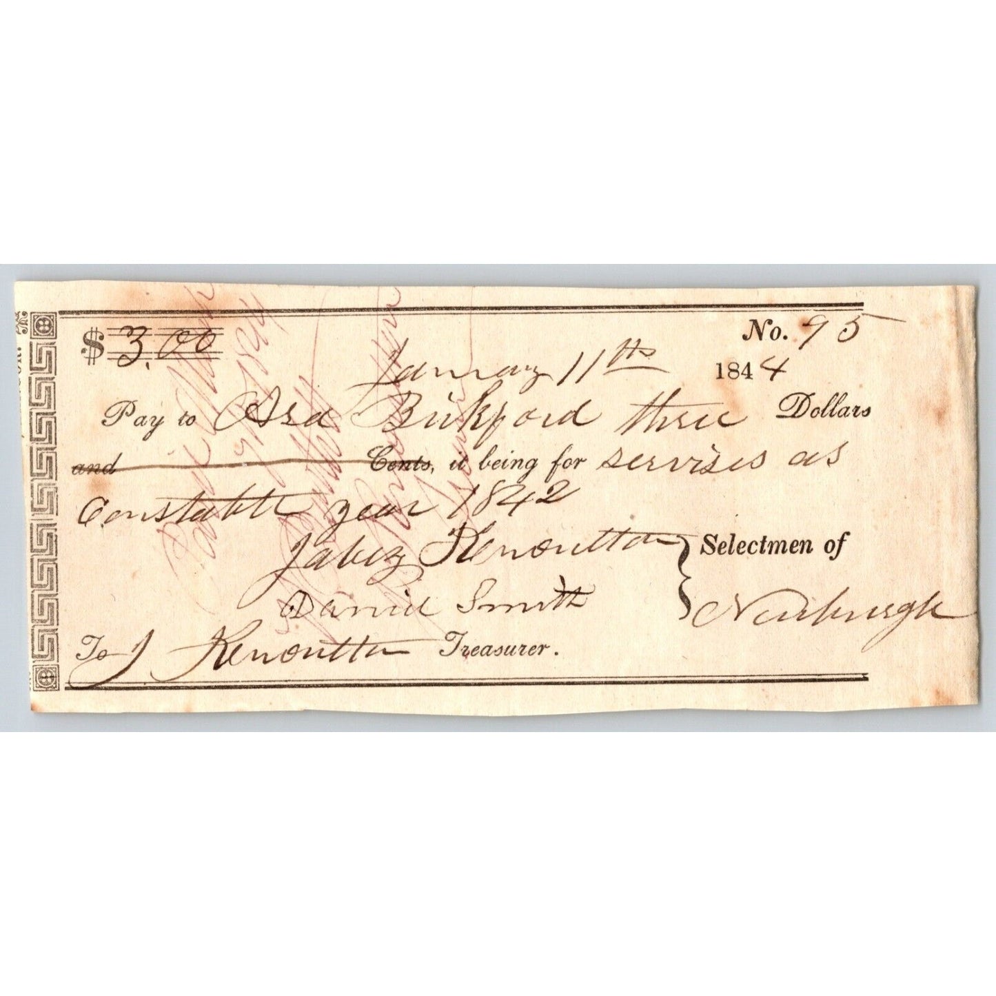 1844 Jabez Knowlton* Newburgh ME Town Check to Asa Bickford, Constable
