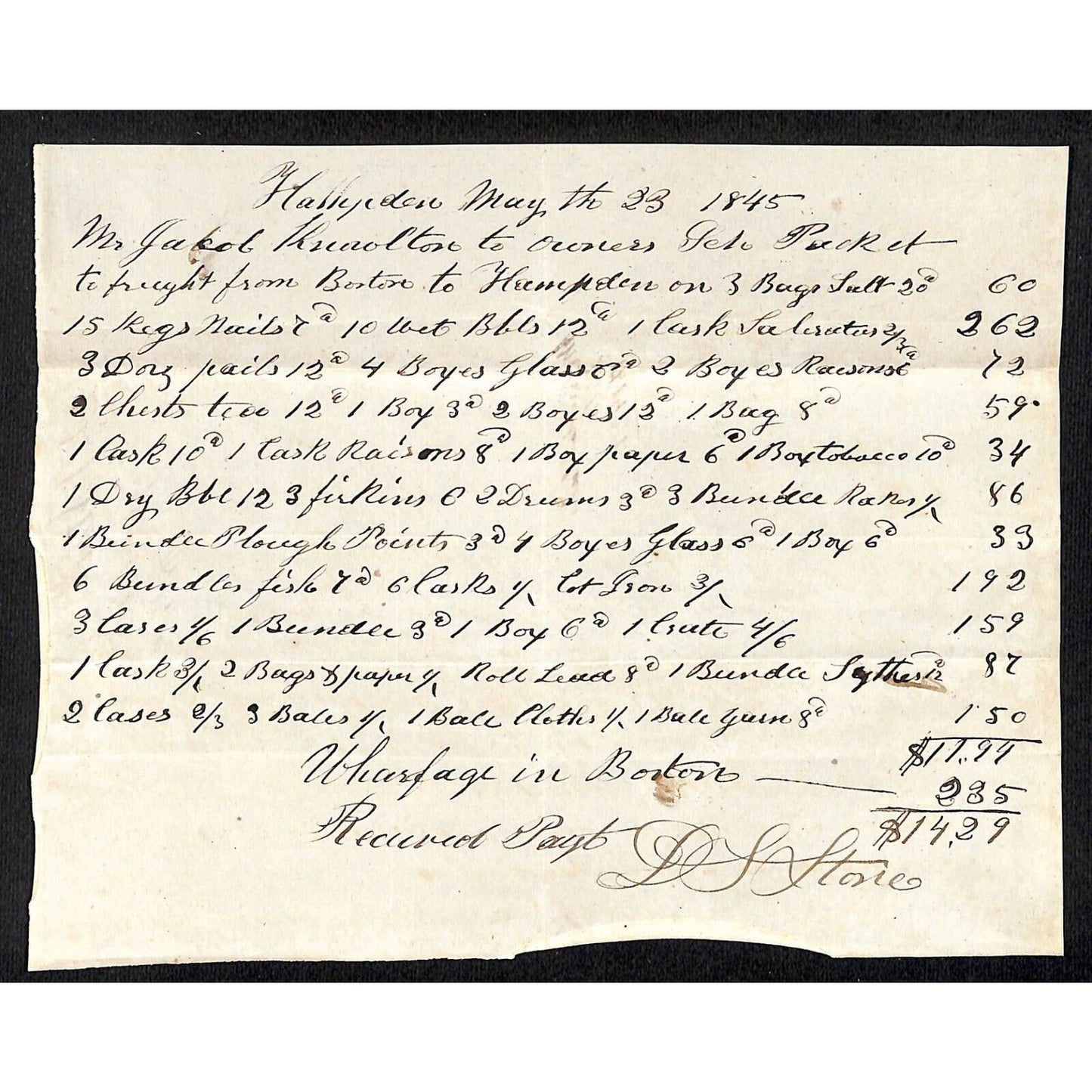 1845 J. Knowlton* Newburgh ME, Freight Goods Shipped Boston to Hampton D S Stone