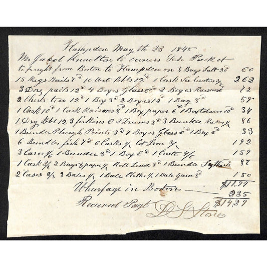 1845 J. Knowlton* Newburgh ME, Freight Goods Shipped Boston to Hampton D S Stone