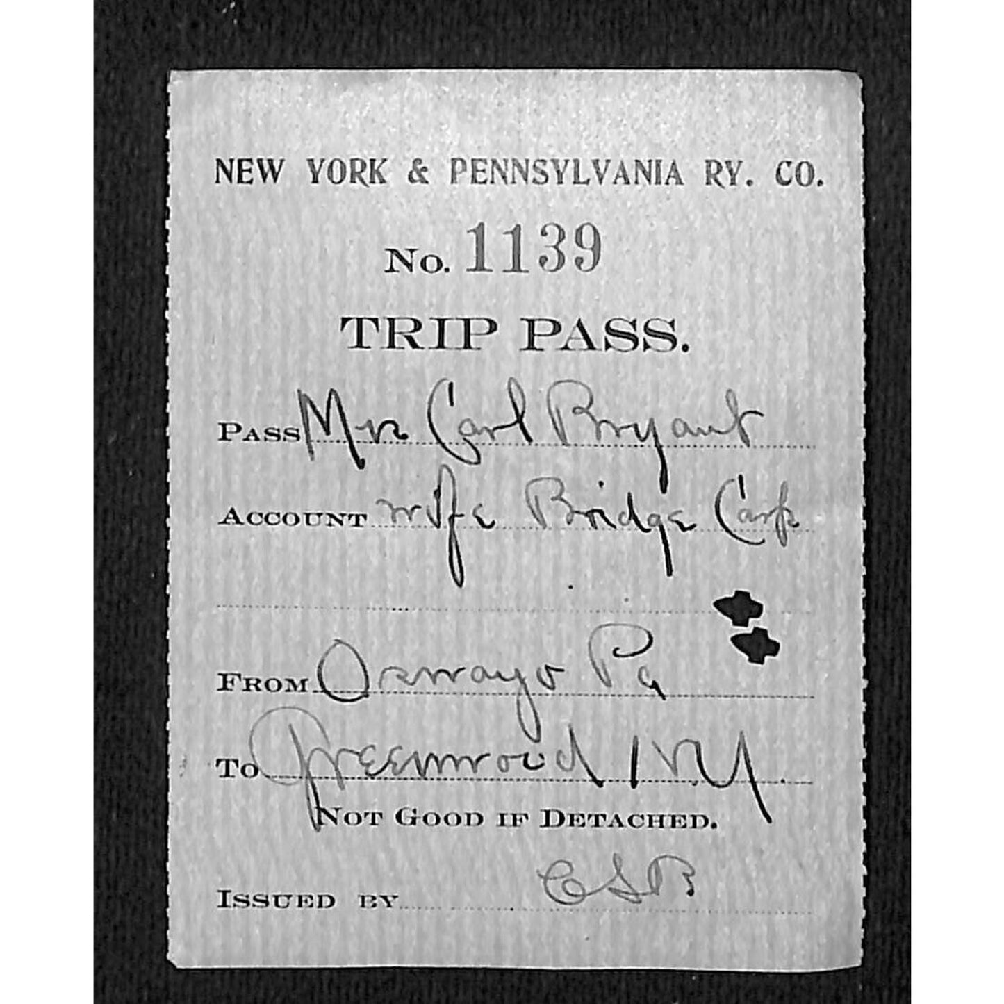 New York & Pennsylvania Ry c1917 Trip Pass Ticket Stub w/Hand Writing #1139