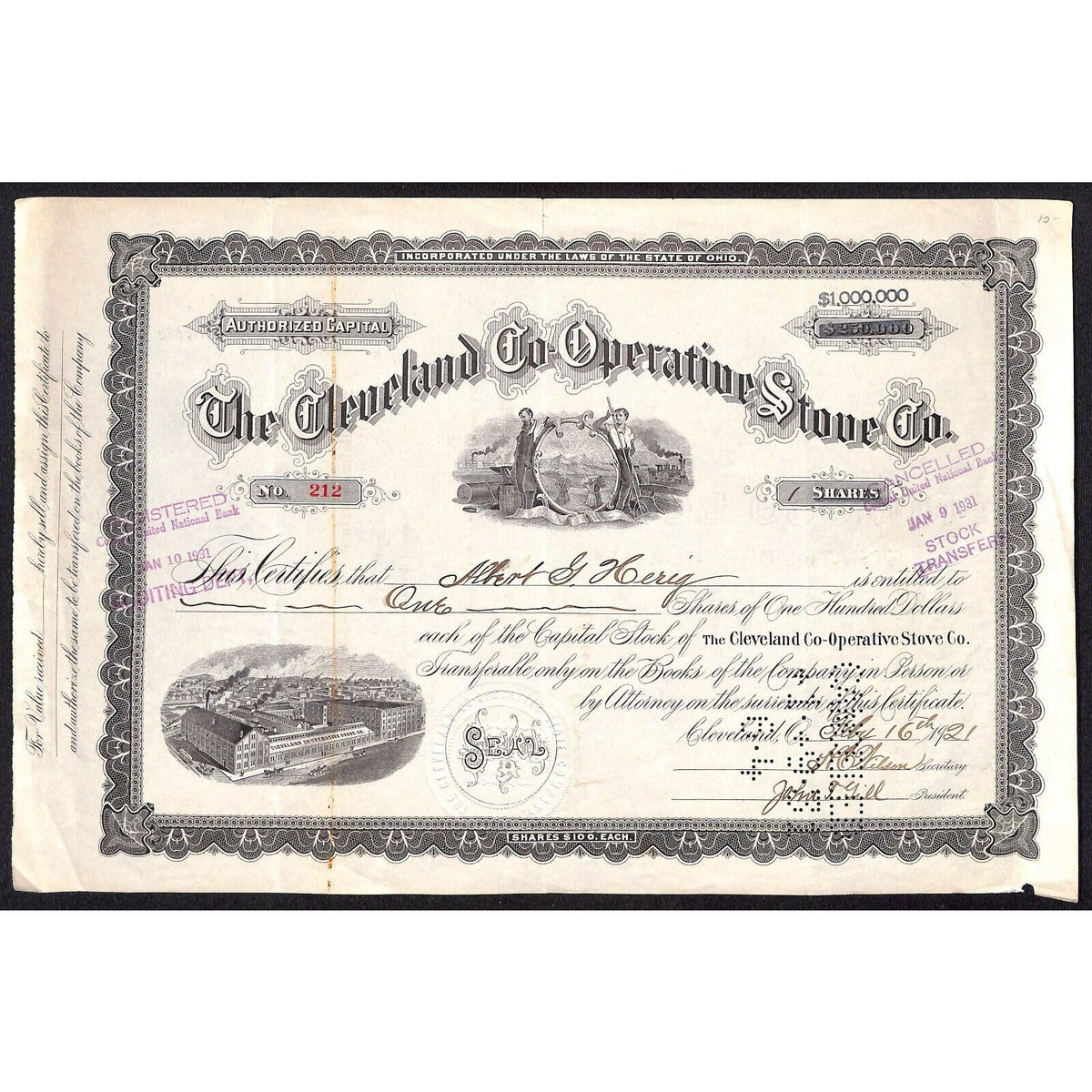 The Cleveland Co-Operative Stove Co. 1921 Stock Certificate #212 Vignette Scarce