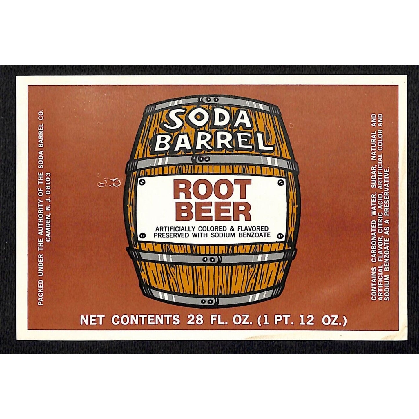 Soda Barrel Root Beer Soda Label Camden, NJ c1965-75