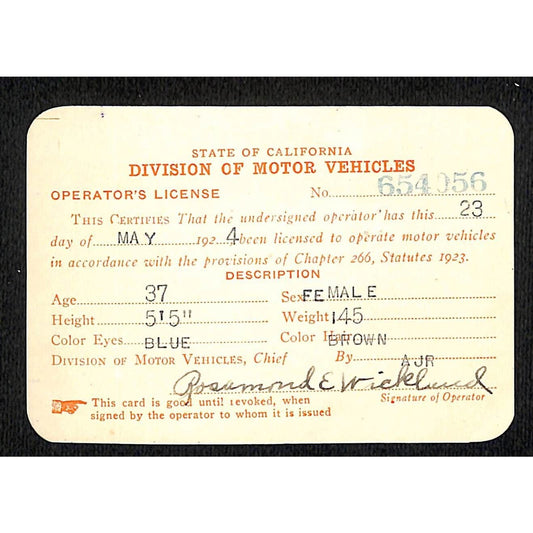 1924 California Motor Vehicle Operator's License ID Card VGC