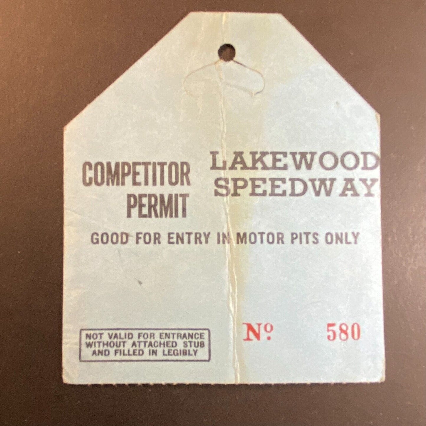 Lakewood Speedway Competitor Permit "Motor Pits Only" Pit Pass c1960s-70's #580