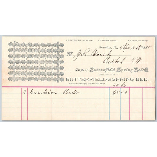 Butterfield Spring Bed Co. Swanton, VT 1888 Billhead Vignette VGC Scarce