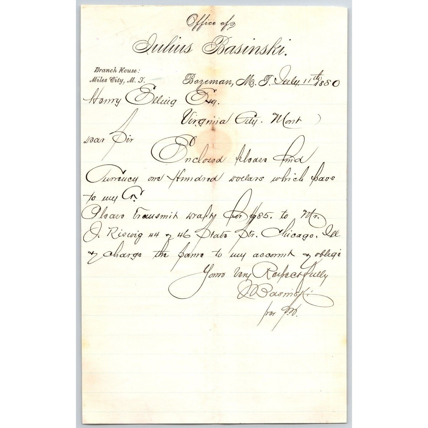 Julius Basinski Bozeman, MT 1880 ALS to Henry Elling* Virginia City Penmanship