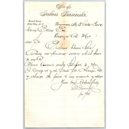 Julius Basinski Bozeman, MT 1880 ALS to Henry Elling* Virginia City Penmanship