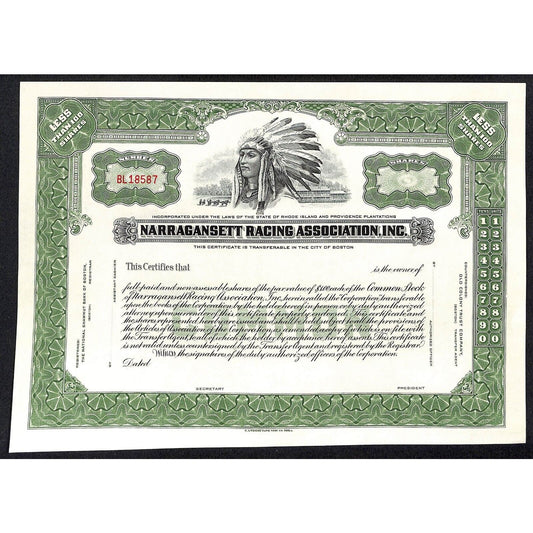 Narragansett Racing Association Stock Certificate Unissued VGC