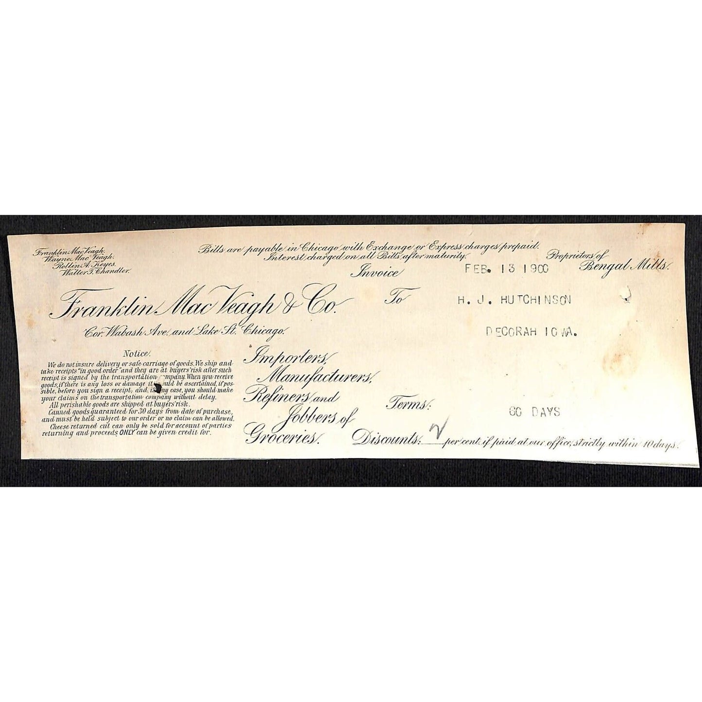 Franklin Mac Veagh & Co. Chicago HJ Hutchinson Decorah, IA* Cut 1900 Billhead