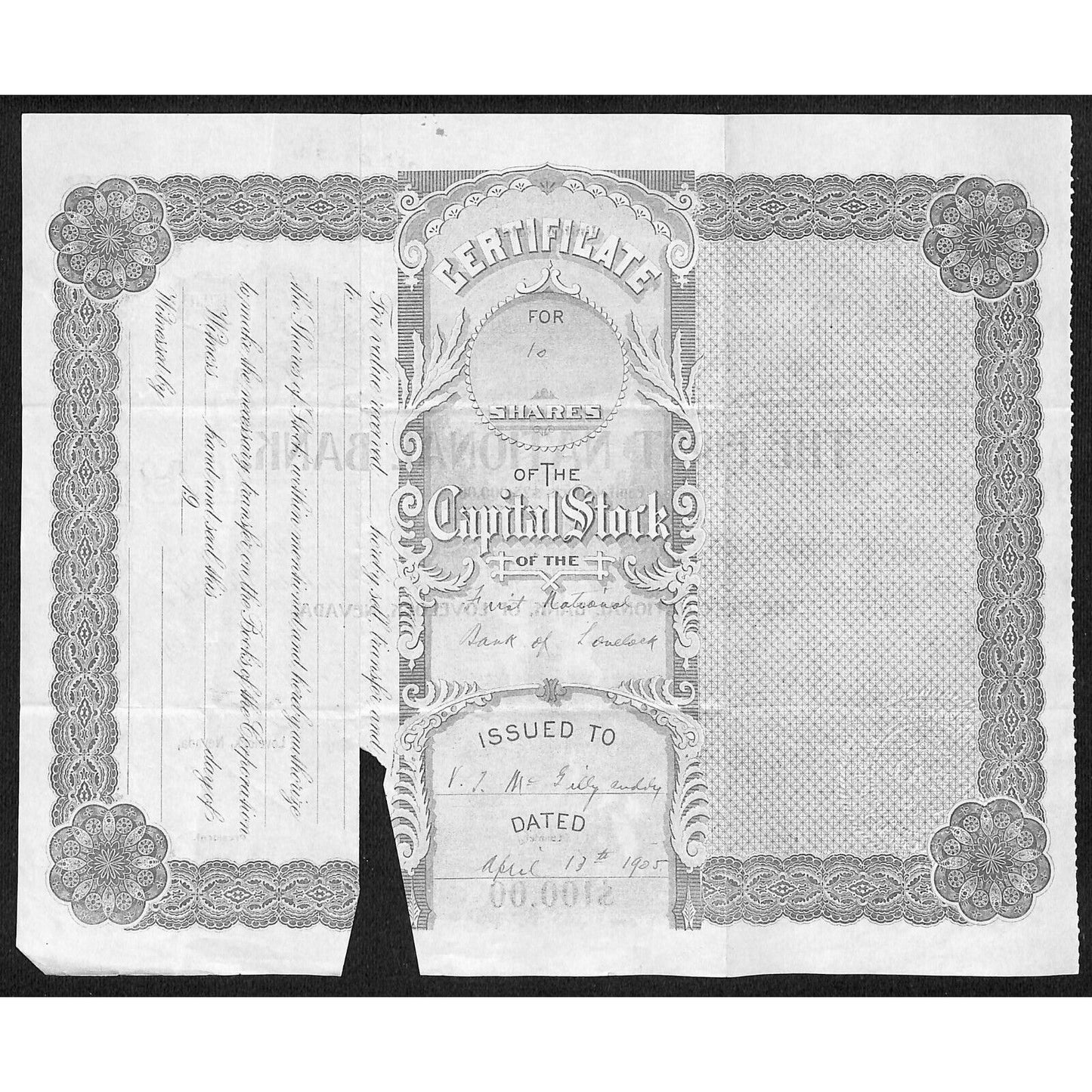 First National Bank of Lovelock, NV 1905 Stock Certificate to V.T. McGillycuddy