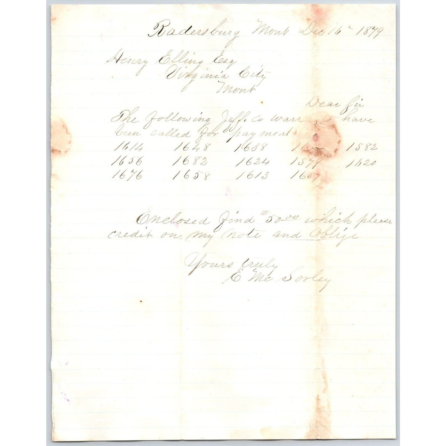1879 ALS E. McSorley Radersburg, MT to Henry Elling* Virginia City, MT Payments