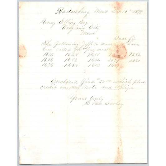 1879 ALS E. McSorley Radersburg, MT to Henry Elling* Virginia City, MT Payments