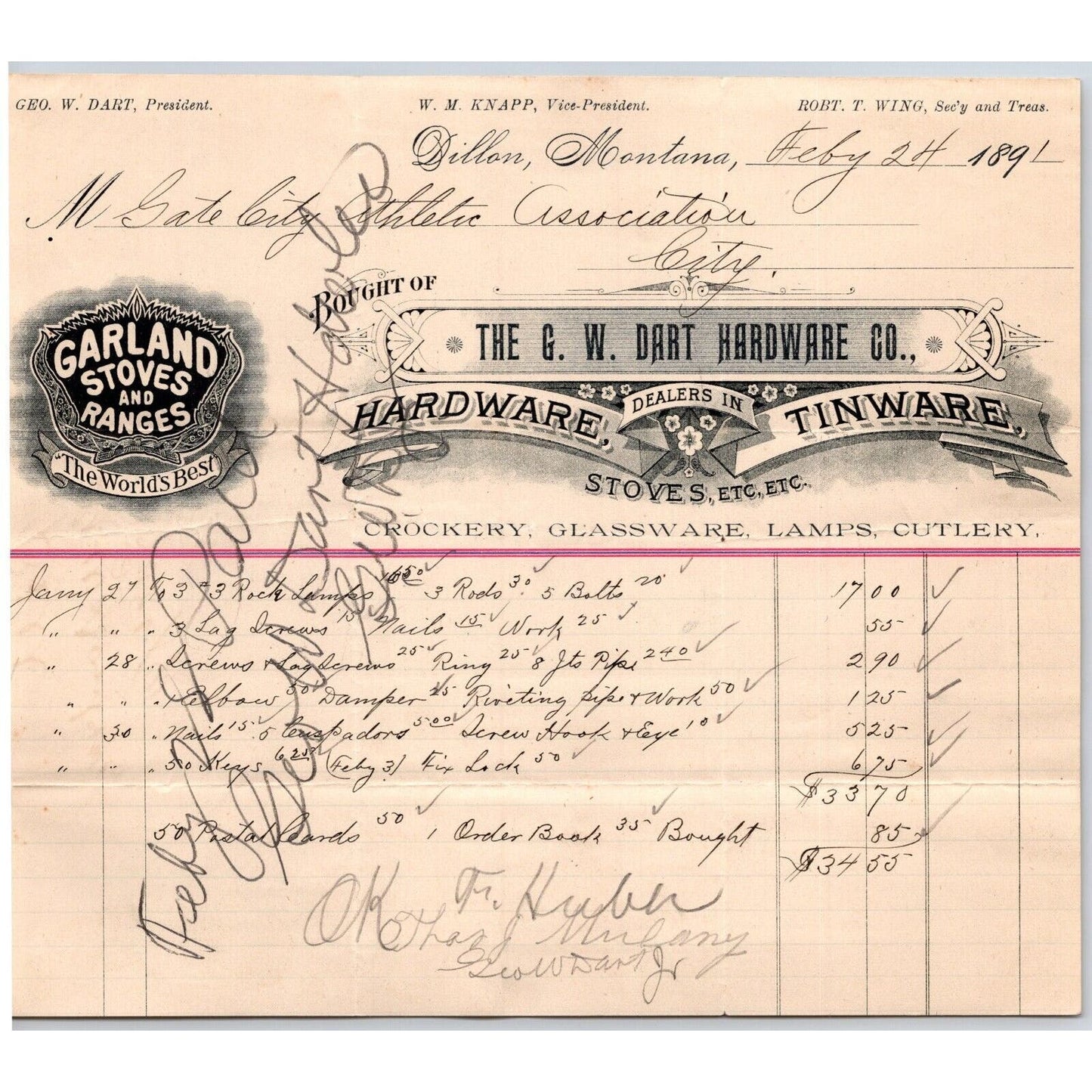 Dillon, MT G.W. Dart Hardware Co.1891 Billhead Garland Stoves Ranges