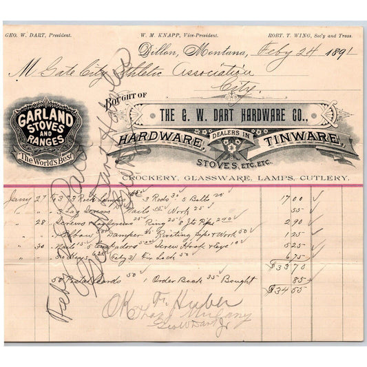 Dillon, MT G.W. Dart Hardware Co.1891 Billhead Garland Stoves Ranges