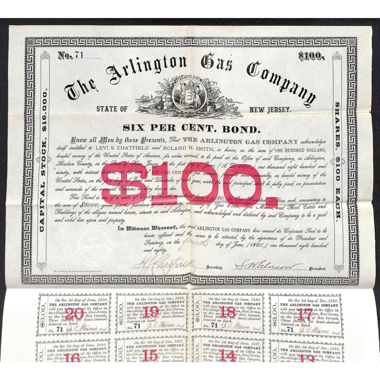 Arlington Gas Company New Jersey 1880 $100 Bond Certificate Scarce VGC