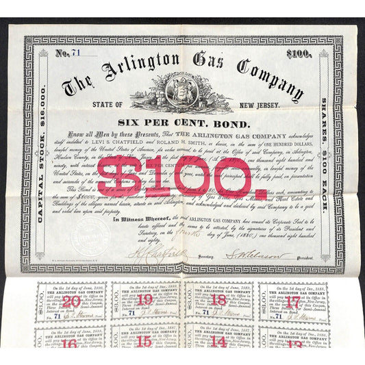 Arlington Gas Company New Jersey 1880 $100 Bond Certificate Scarce VGC