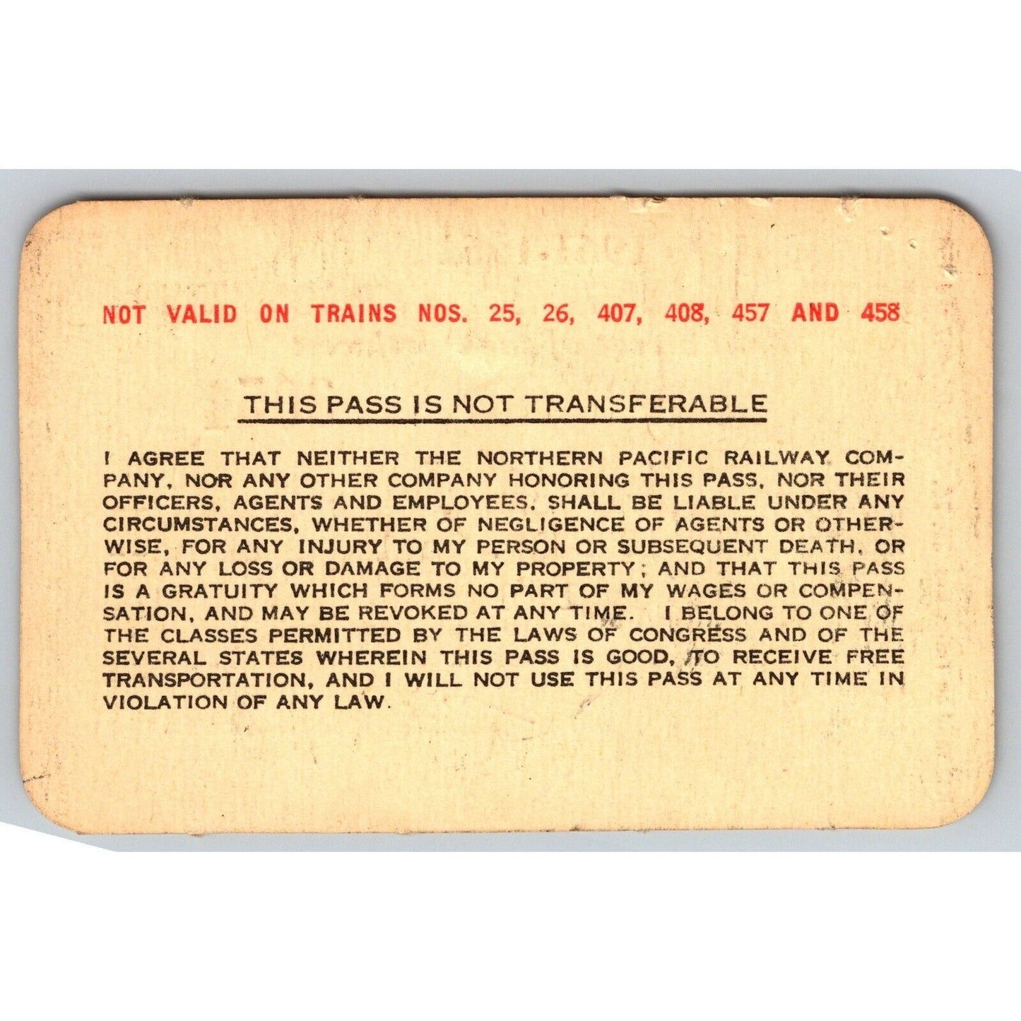 Northern Pacific Railway 1961-62 Yearly Train Pass #3051