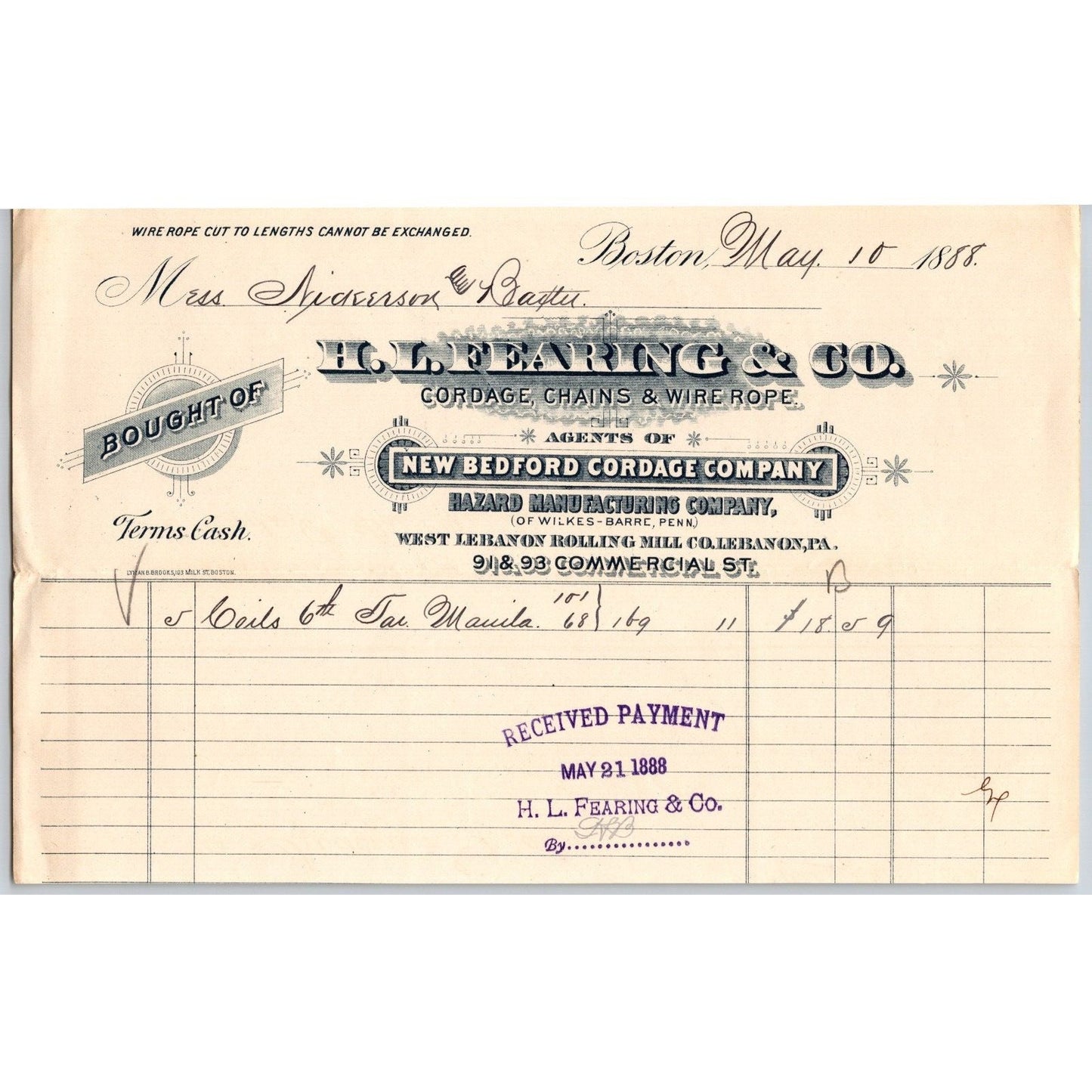 H.L. Fearing & Co. Cordage Chains Wire Rope Boston 1888 Billhead