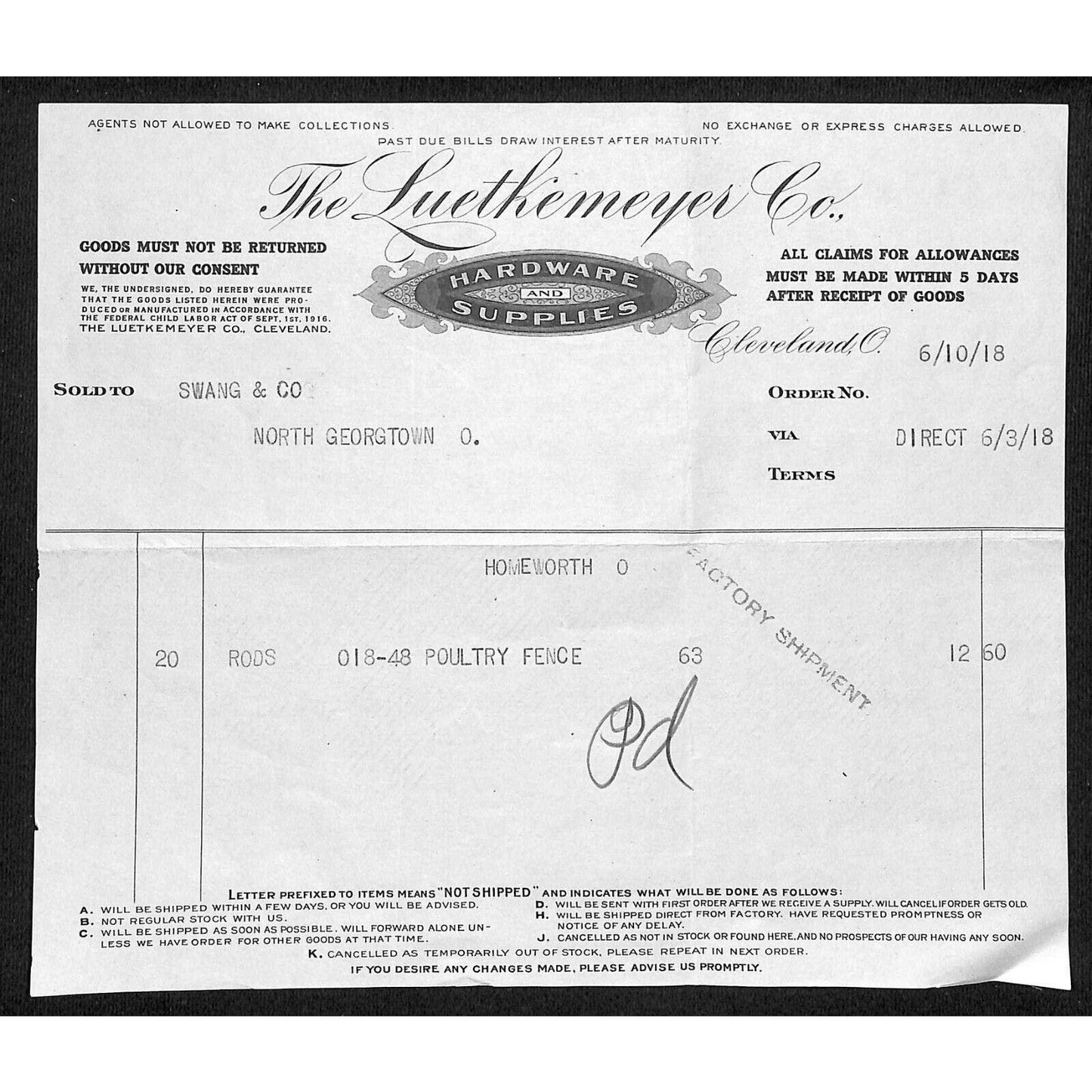 Luethemeyer Co. Hardware Cleveland 1918 Billhead Samuel Wang* N. Georgetown, OH