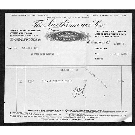 Luethemeyer Co. Hardware Cleveland 1918 Billhead Samuel Wang* N. Georgetown, OH