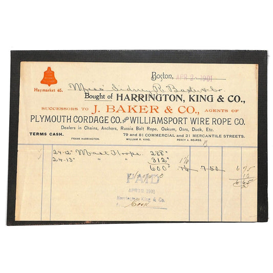 Harrington, King & Co Plymouth Cordage Boston 1901 Billhead (Nickerson & Baxter)