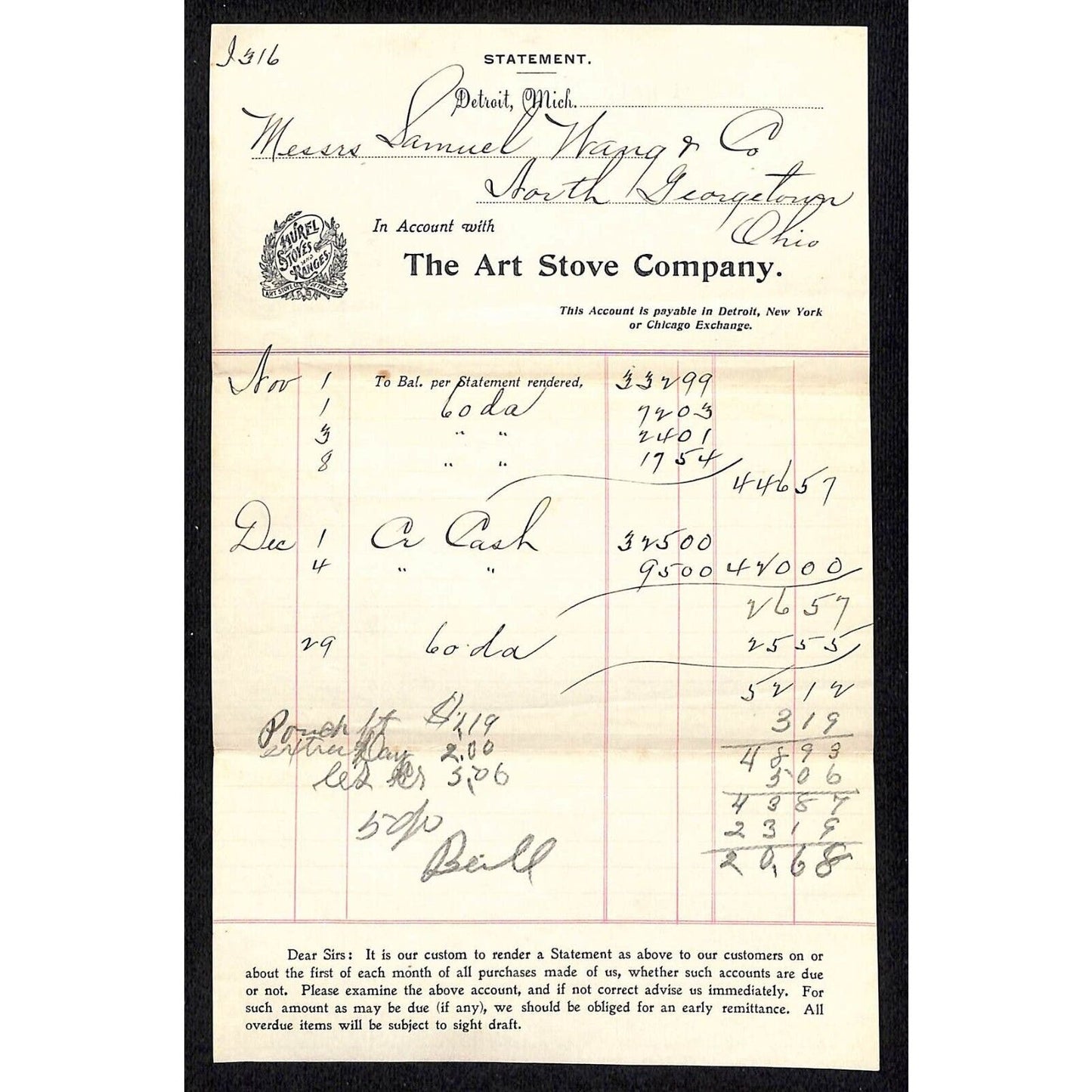 Art Stove Co. Detroit c1910 Statement Samuel Wang* N. Georgetown , OH