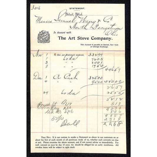 Art Stove Co. Detroit c1910 Statement Samuel Wang* N. Georgetown , OH