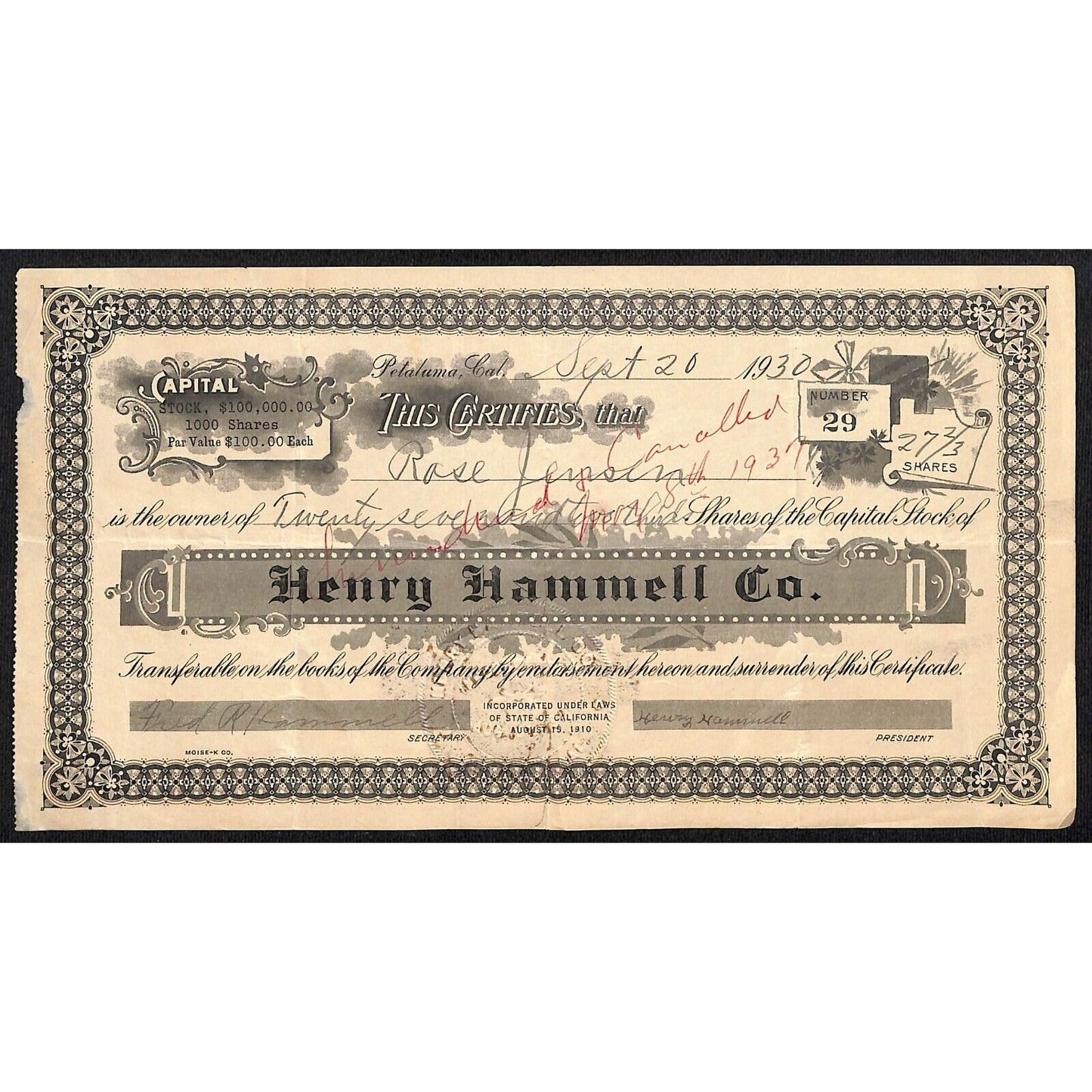 Henry Hammell Co. Petaluma, CA 1930 Stock Certificate #29 27 2/3 Shares