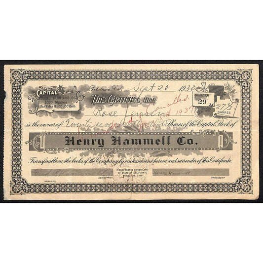 Henry Hammell Co. Petaluma, CA 1930 Stock Certificate #29 27 2/3 Shares
