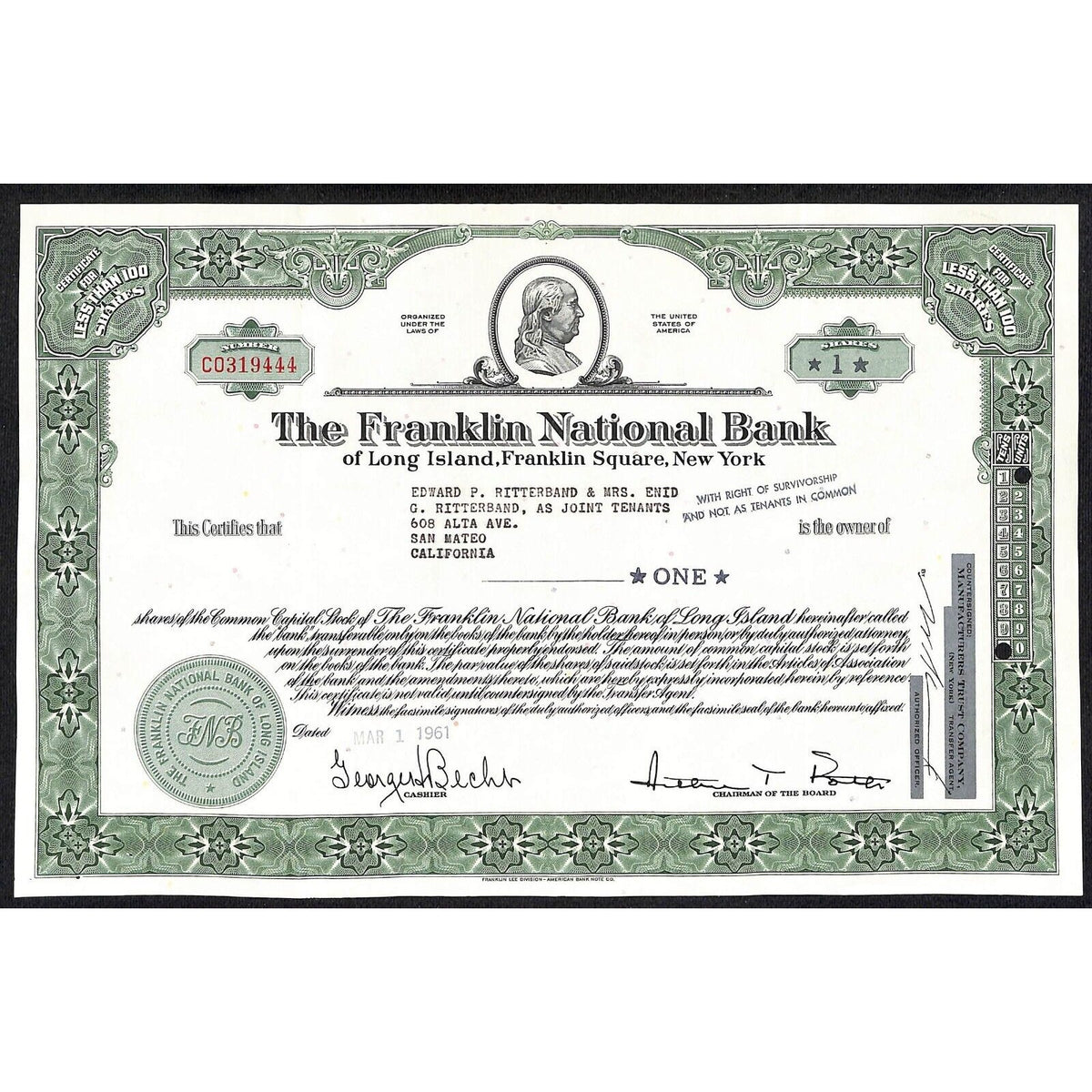 The Franklin National Bank * NY 1961 Stock Certificate to Edward P. Ritterband
