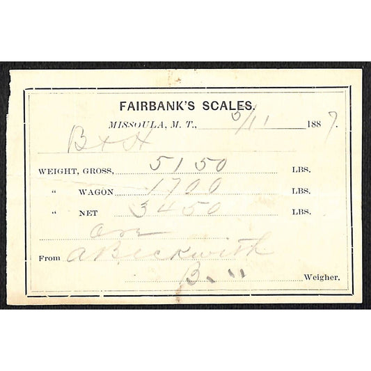 1887 Missoula Montana Territory Fairbank's Scales Mining Ore Weight Receipt (#5)