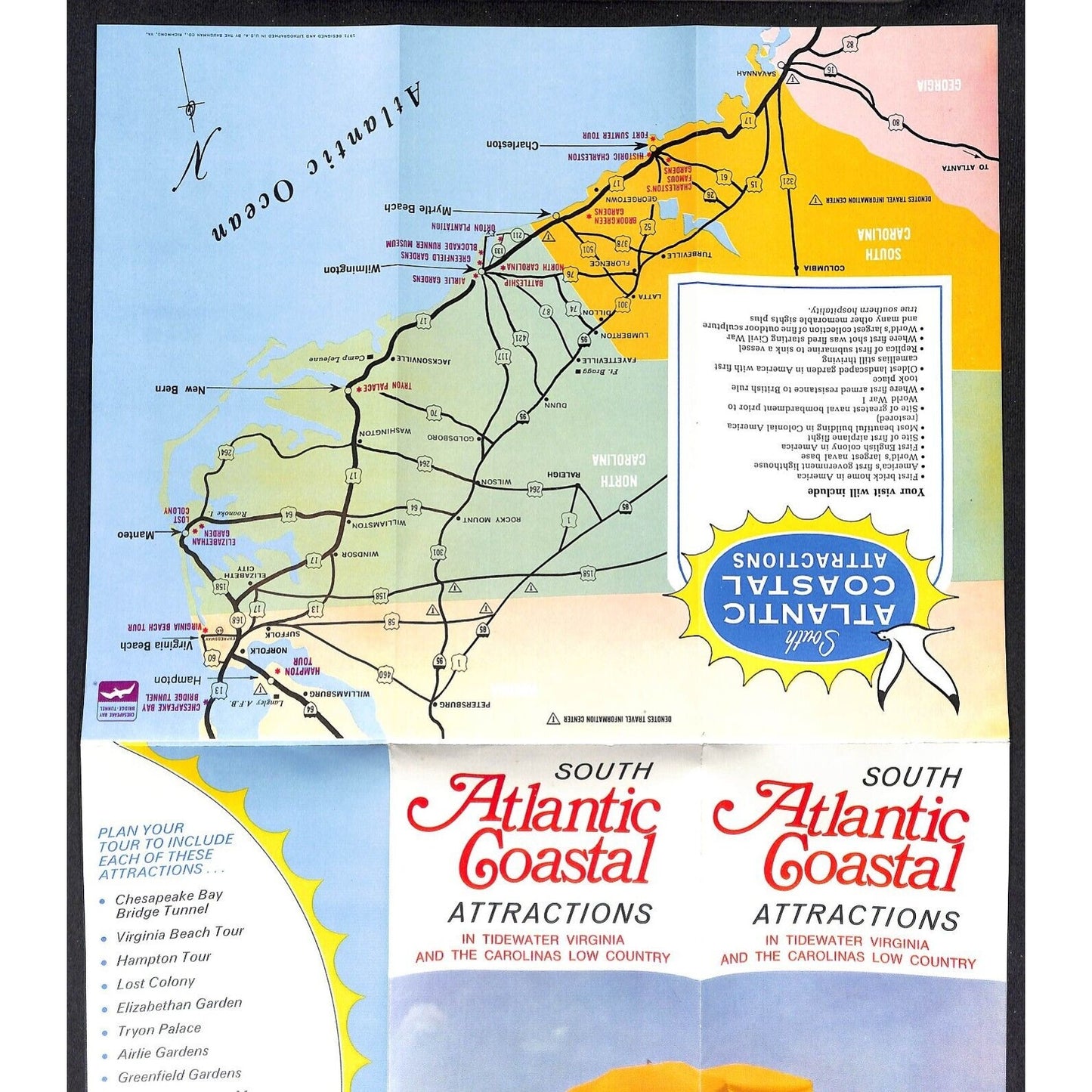 South Atlantic Coastal Attractions 1971 Fold Out Travel Map / Brochure VGC