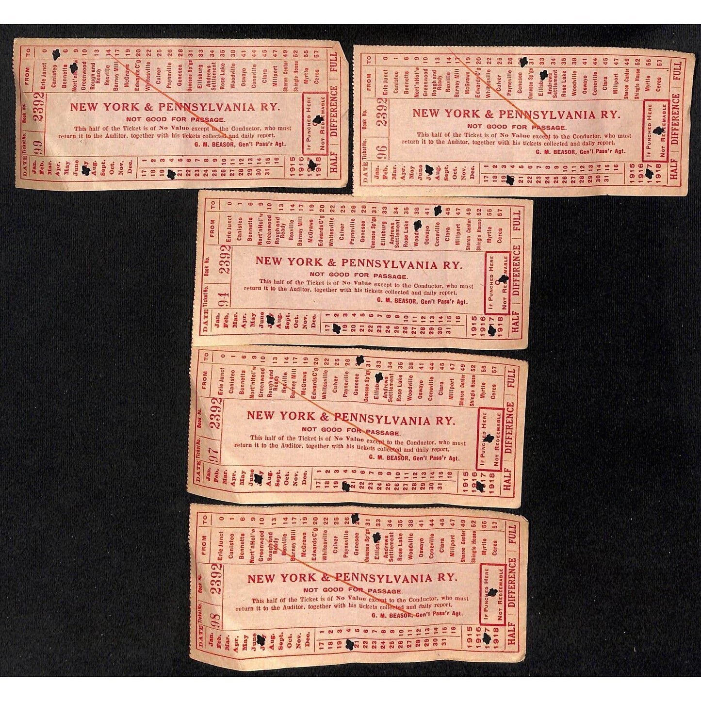 Group of 5 mostly 1917 New York & Pennsylvania Railroad NYP Ticket Stubs Scarce