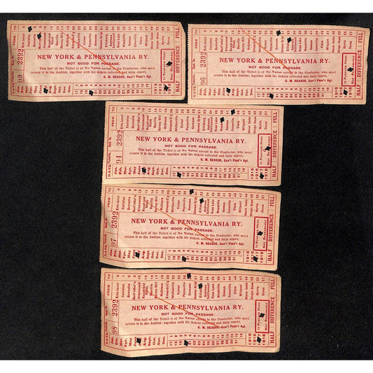 Group of 5 mostly 1917 New York & Pennsylvania Railroad NYP Ticket Stubs Scarce