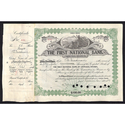 First National Bank of Lovelock, NV 1927 Stock Certificate to L.A. Friedman