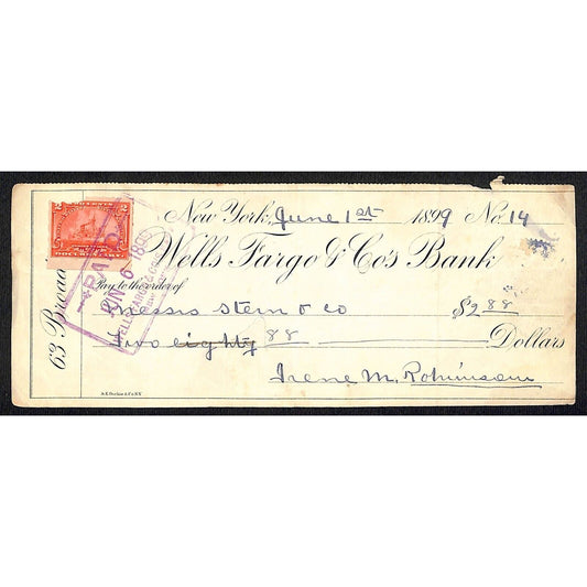 1899 Wells Fargo & Co Bank 63 Broadway NYC Check #14 w/ Rev Stamp Stern Brothers