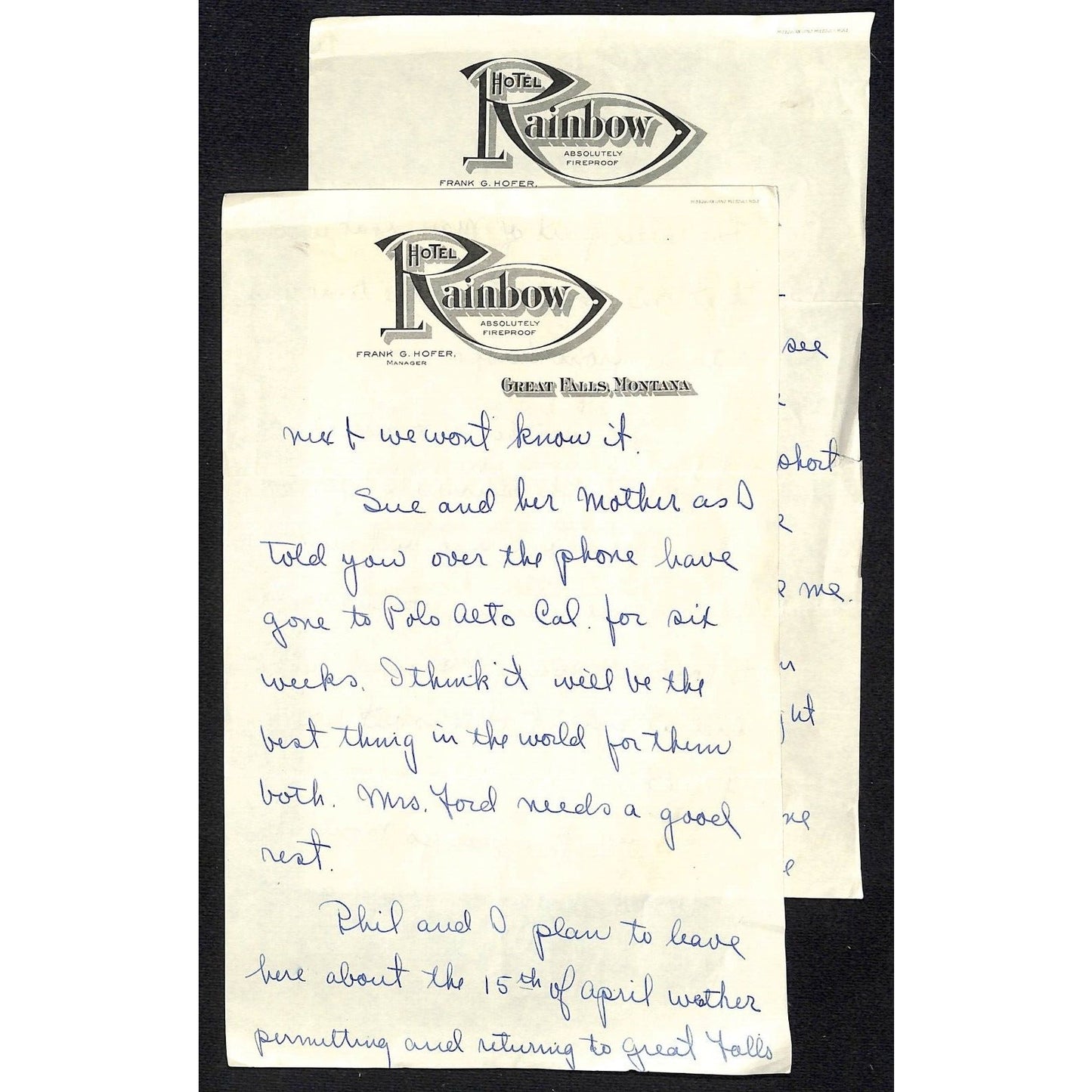 Hotel Rainbow Great Falls, MT 3pp ALS "Dearest Dad" Letter on Hotel Stationary