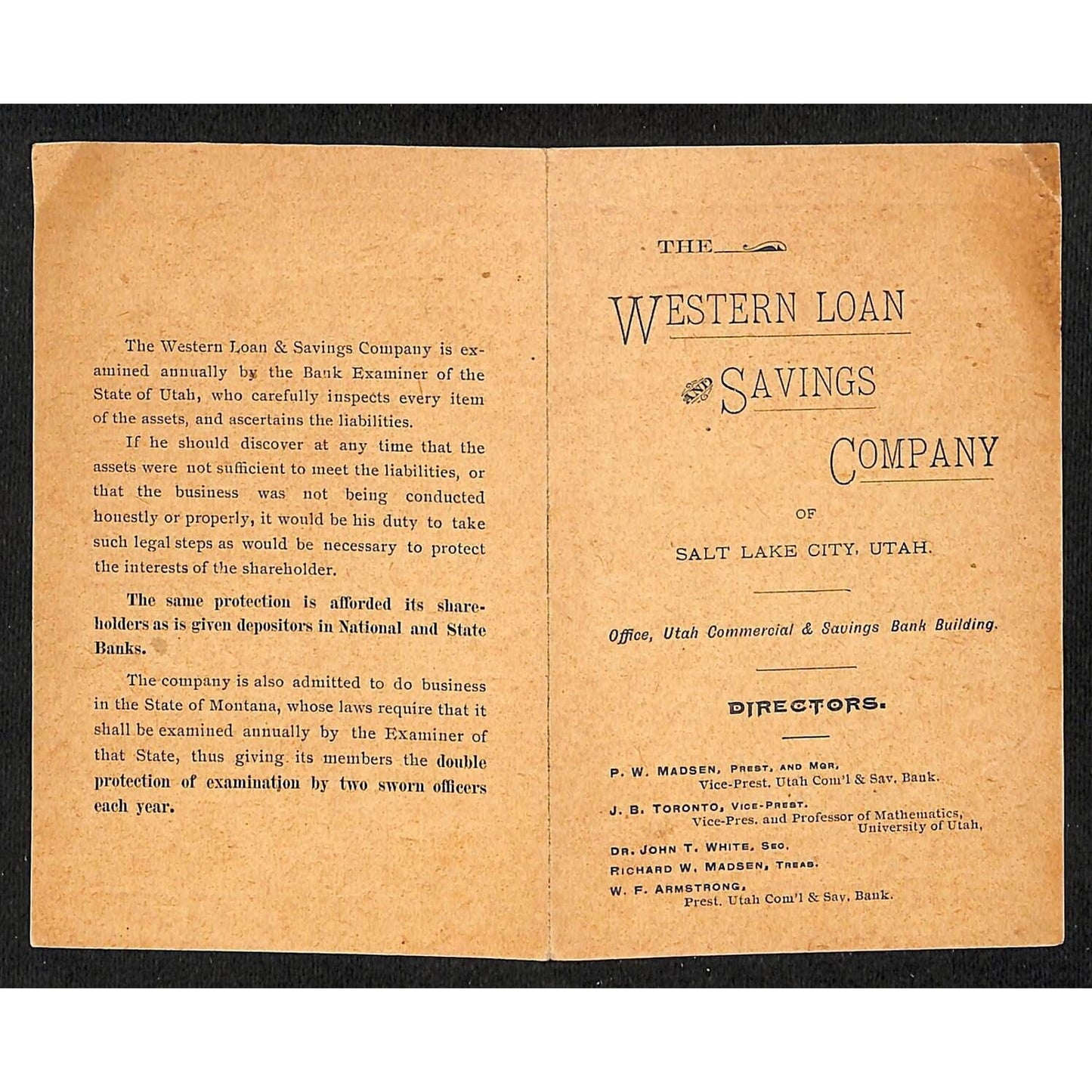 Western Loan & Savings Company Salt Lake City 1901 "Statement of Condition" Card