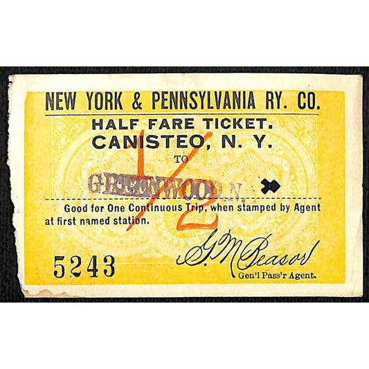 New York & Pennsylvania Railroad RY July 21 1917 Greenwood 1/2 Fare Ticket #5243